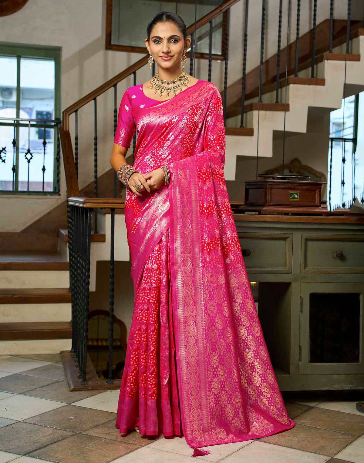 Rani Pink Silk Woven Bandhani Saree