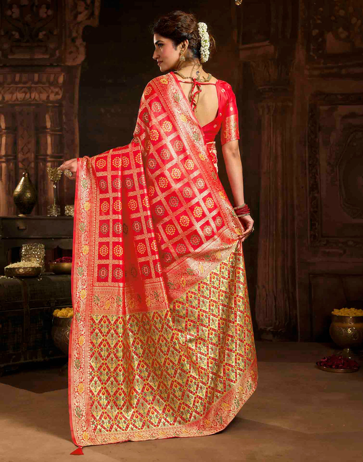 Rani Red Silk Woven Bandhani Saree