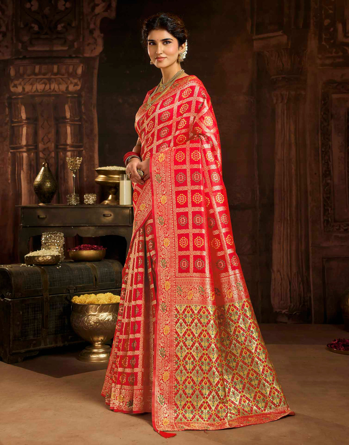 Rani Red Silk Woven Bandhani Saree