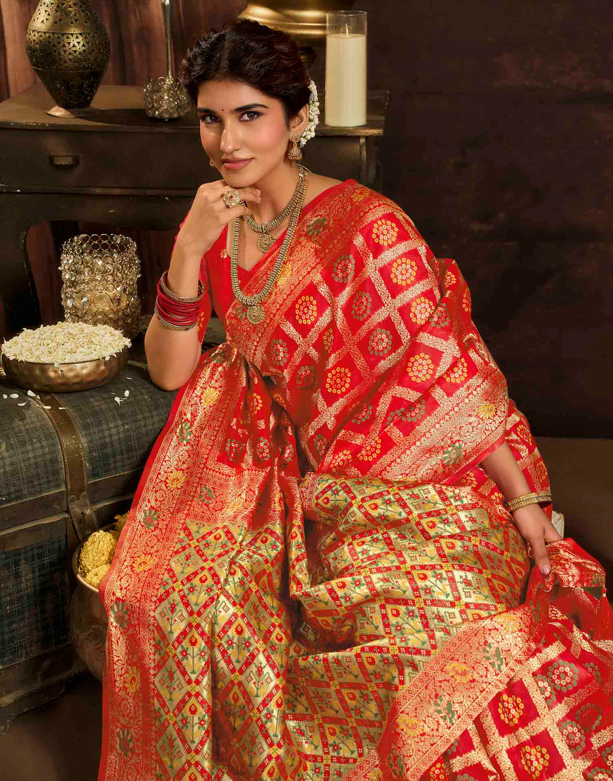 Rani Red Silk Woven Bandhani Saree