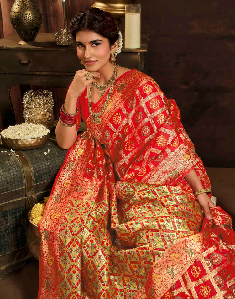 Rani Red Silk Woven Bandhani Saree
