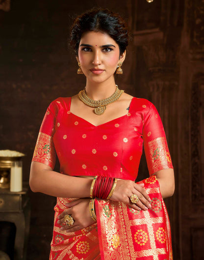 Rani Red Silk Woven Bandhani Saree