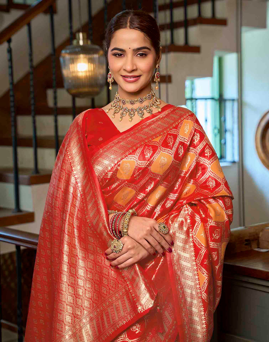 Bright Red Silk Woven Banarasi Saree