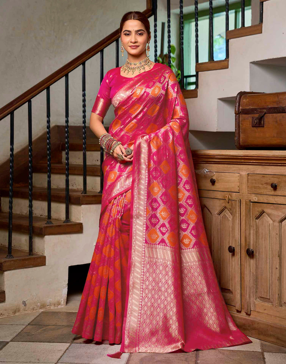 Dark Pink Silk Woven Banarasi Saree