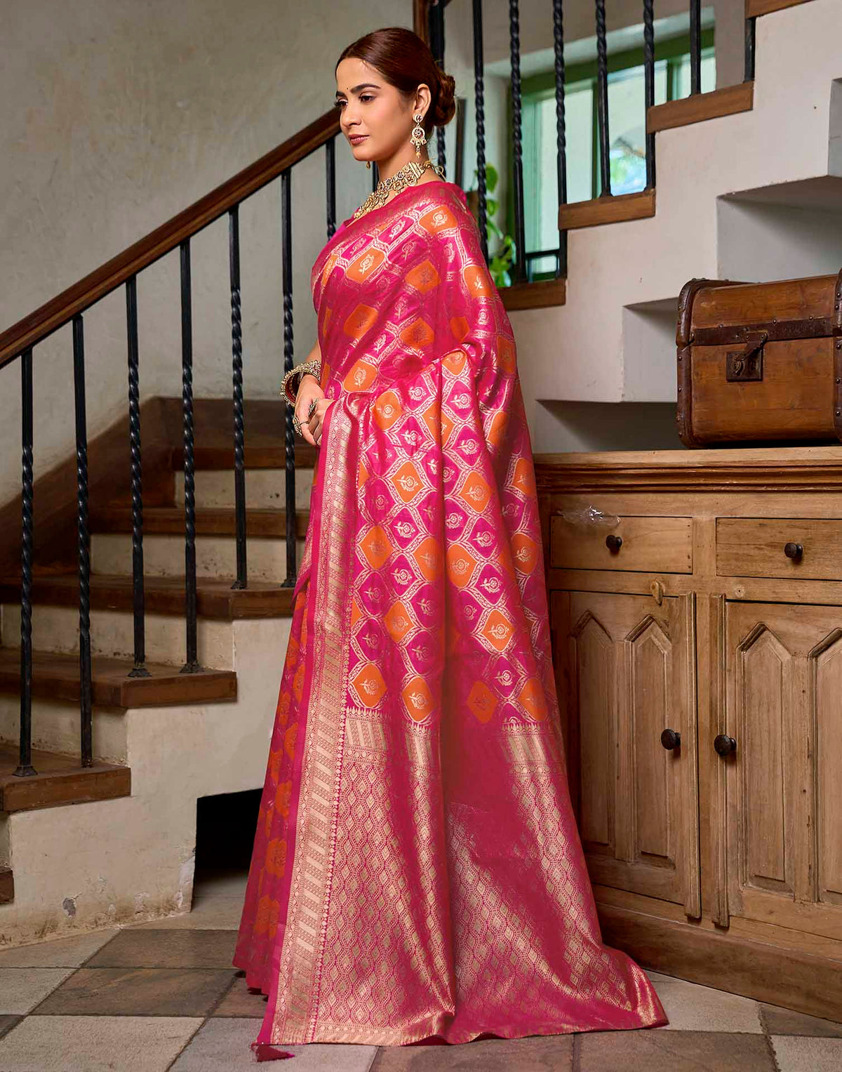 Dark Pink Silk Woven Banarasi Saree