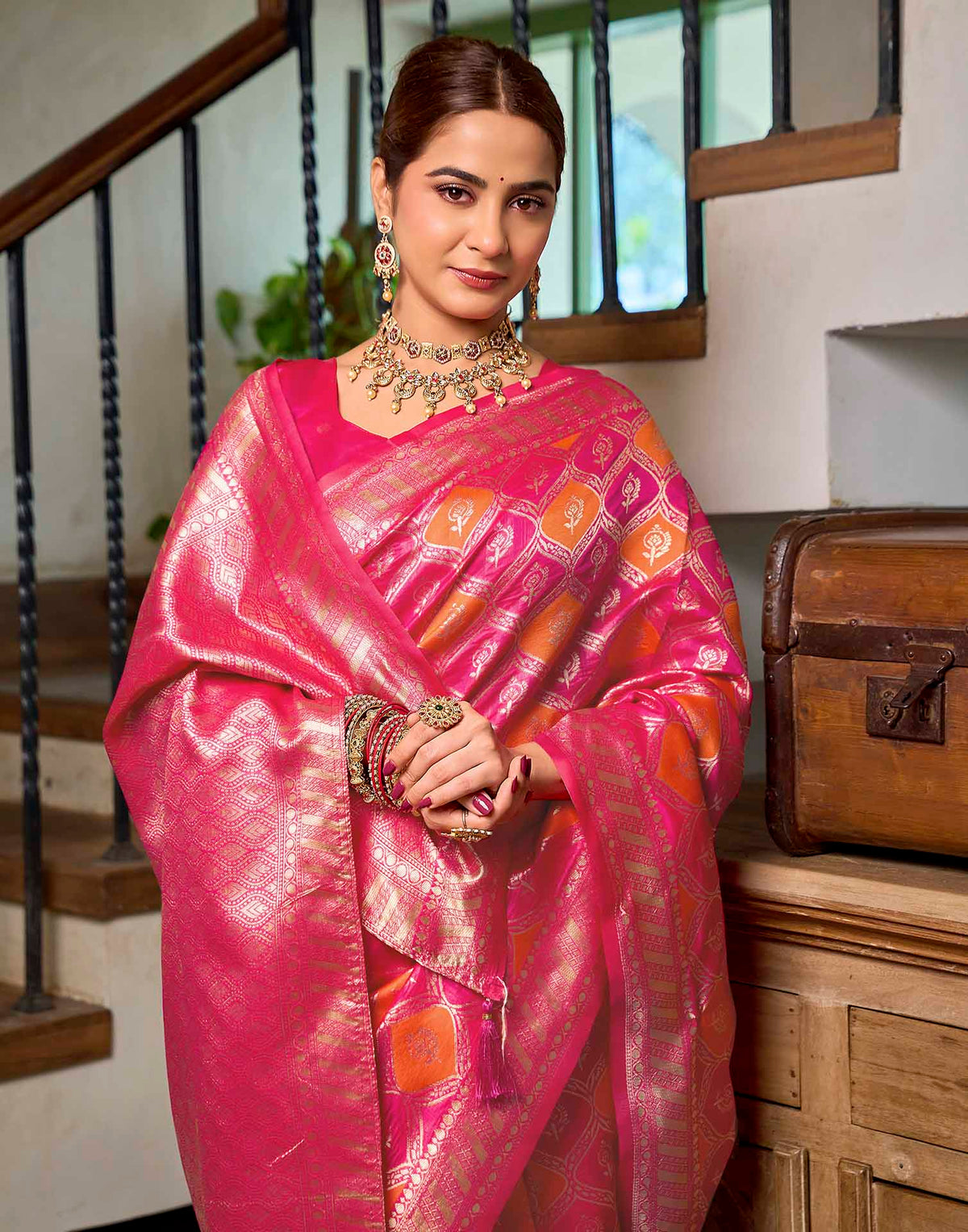 Dark Pink Silk Woven Banarasi Saree