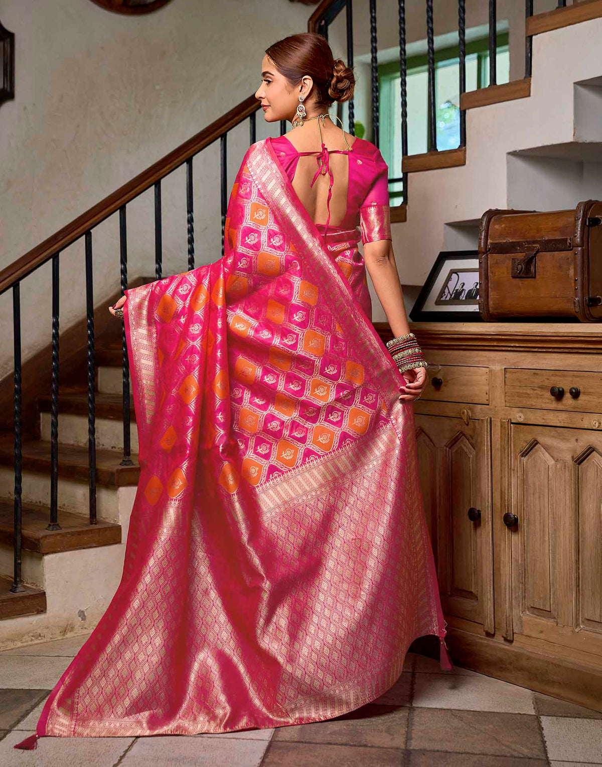 Dark Pink Silk Woven Banarasi Saree
