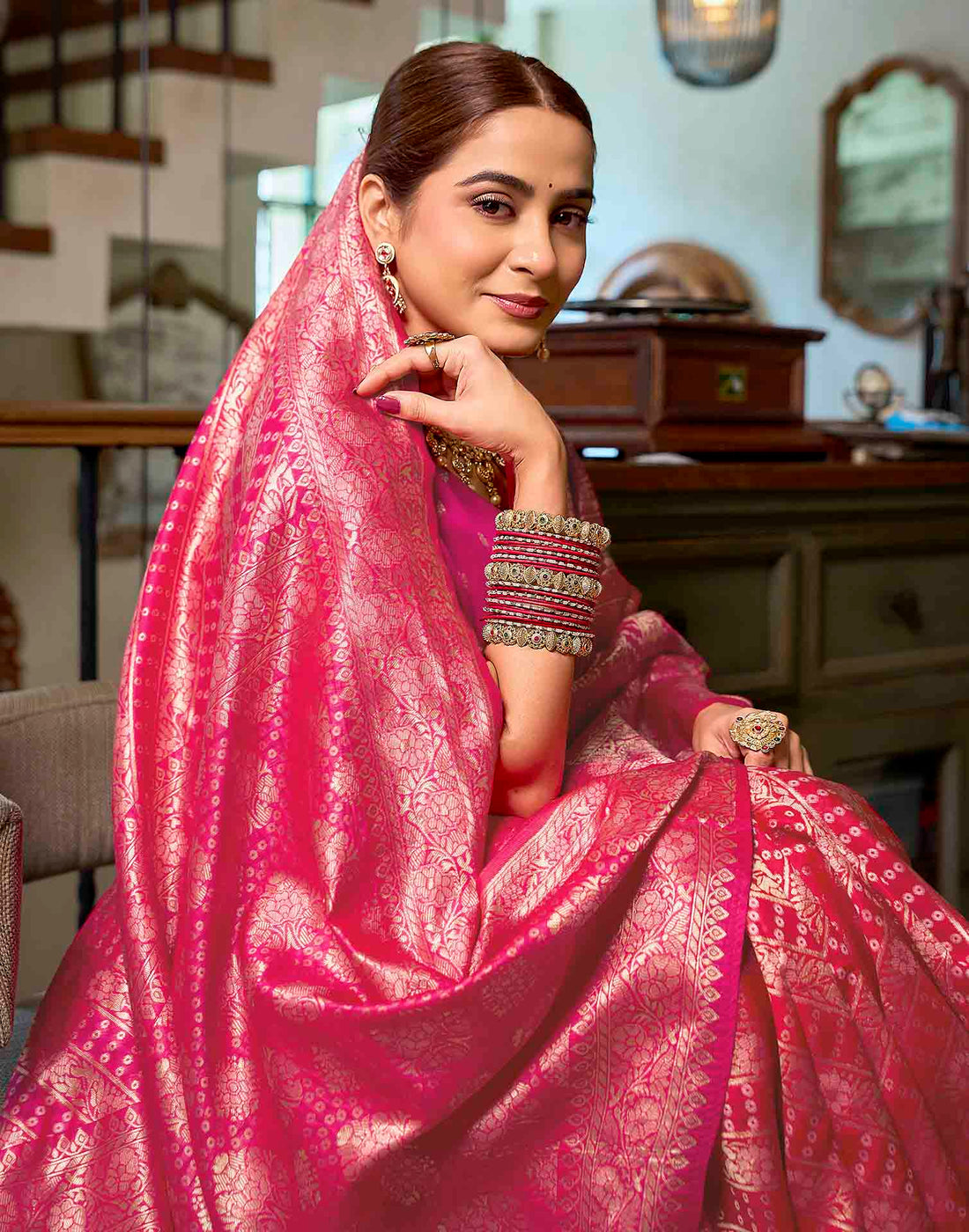 Dark Pink Silk Woven Banarasi Saree