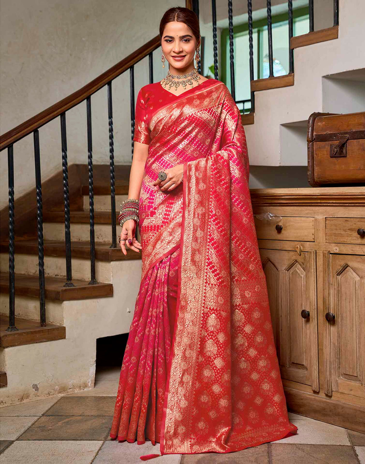 Bright Red Silk Woven Banarasi Saree