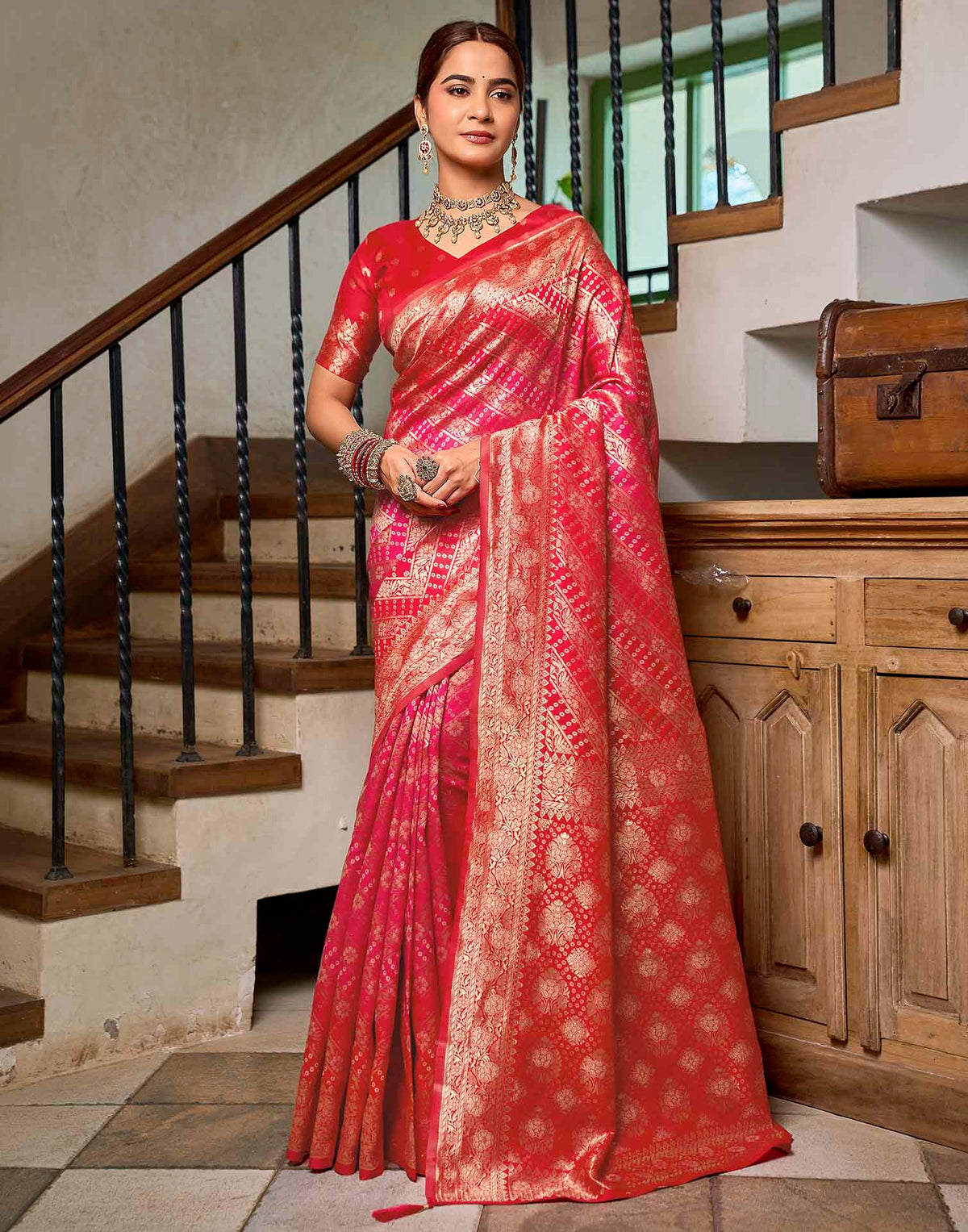 Bright Red Silk Woven Banarasi Saree