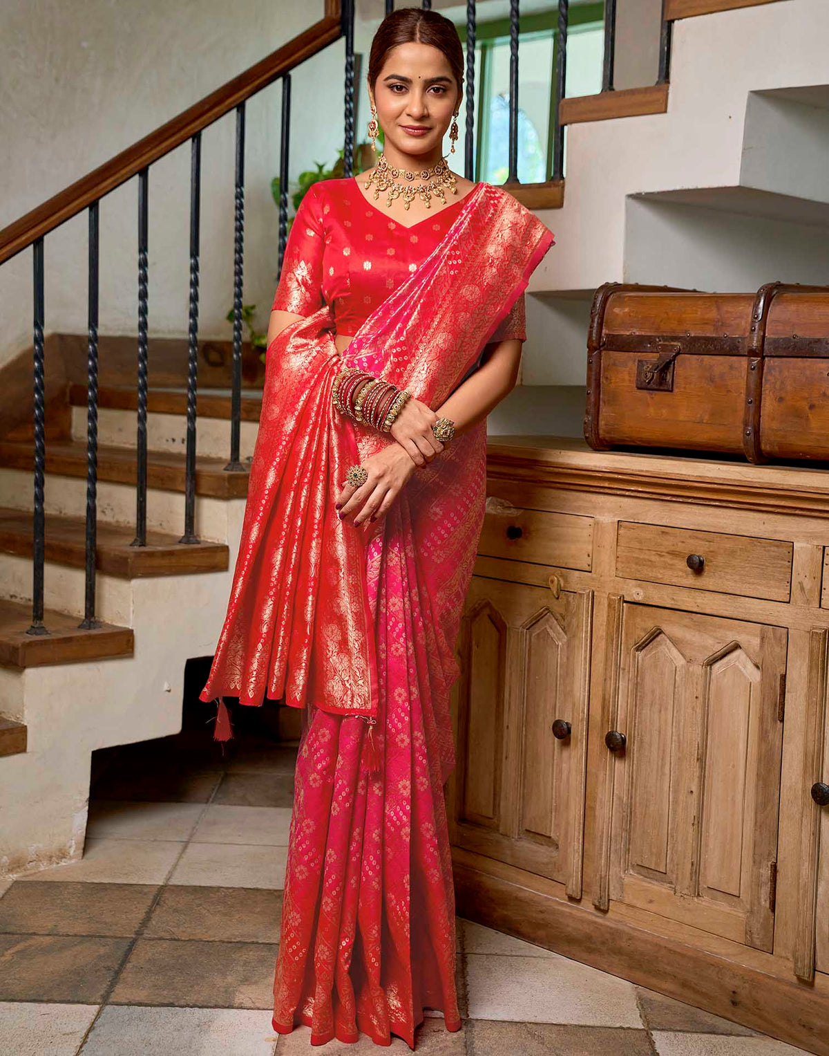 Bright Red Silk Woven Banarasi Saree