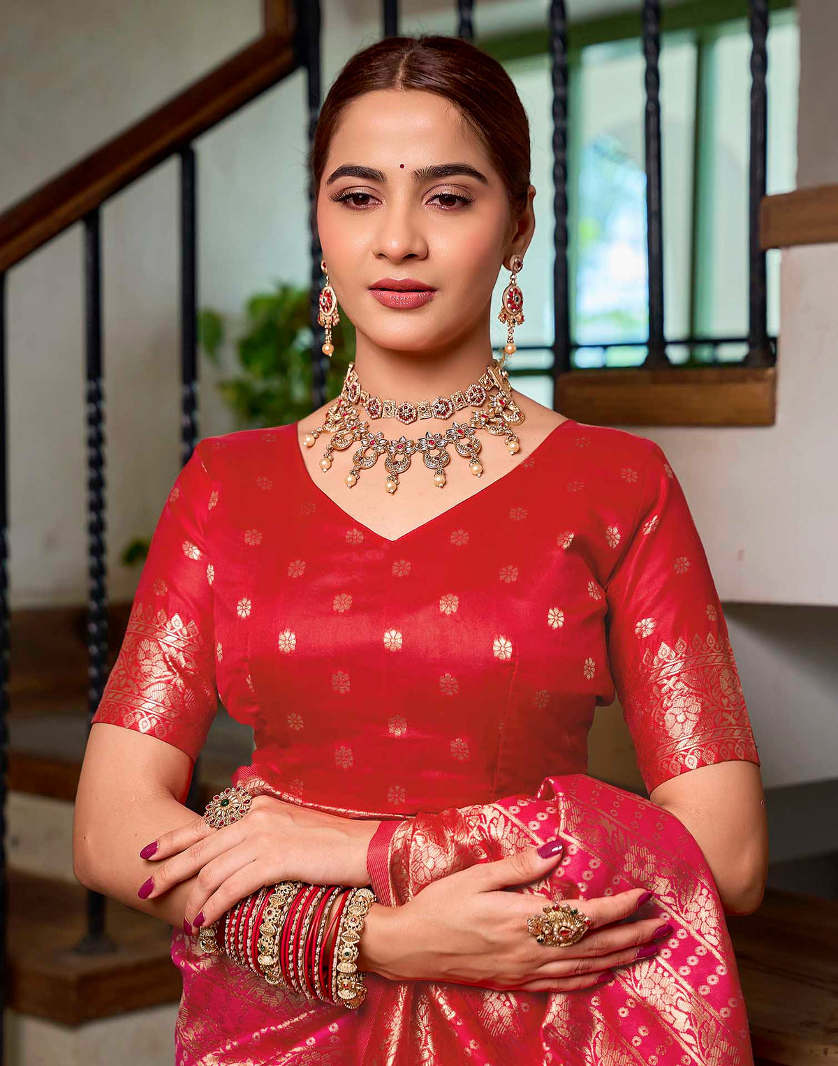 Bright Red Silk Woven Banarasi Saree