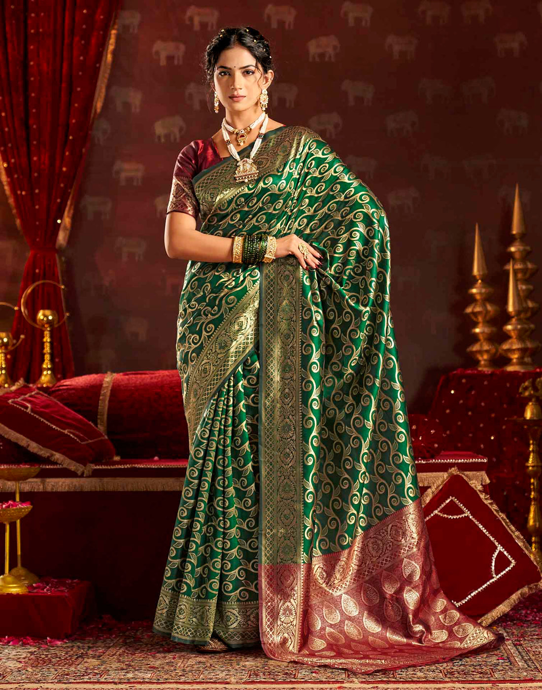Dark Green Silk Woven Banarasi Saree