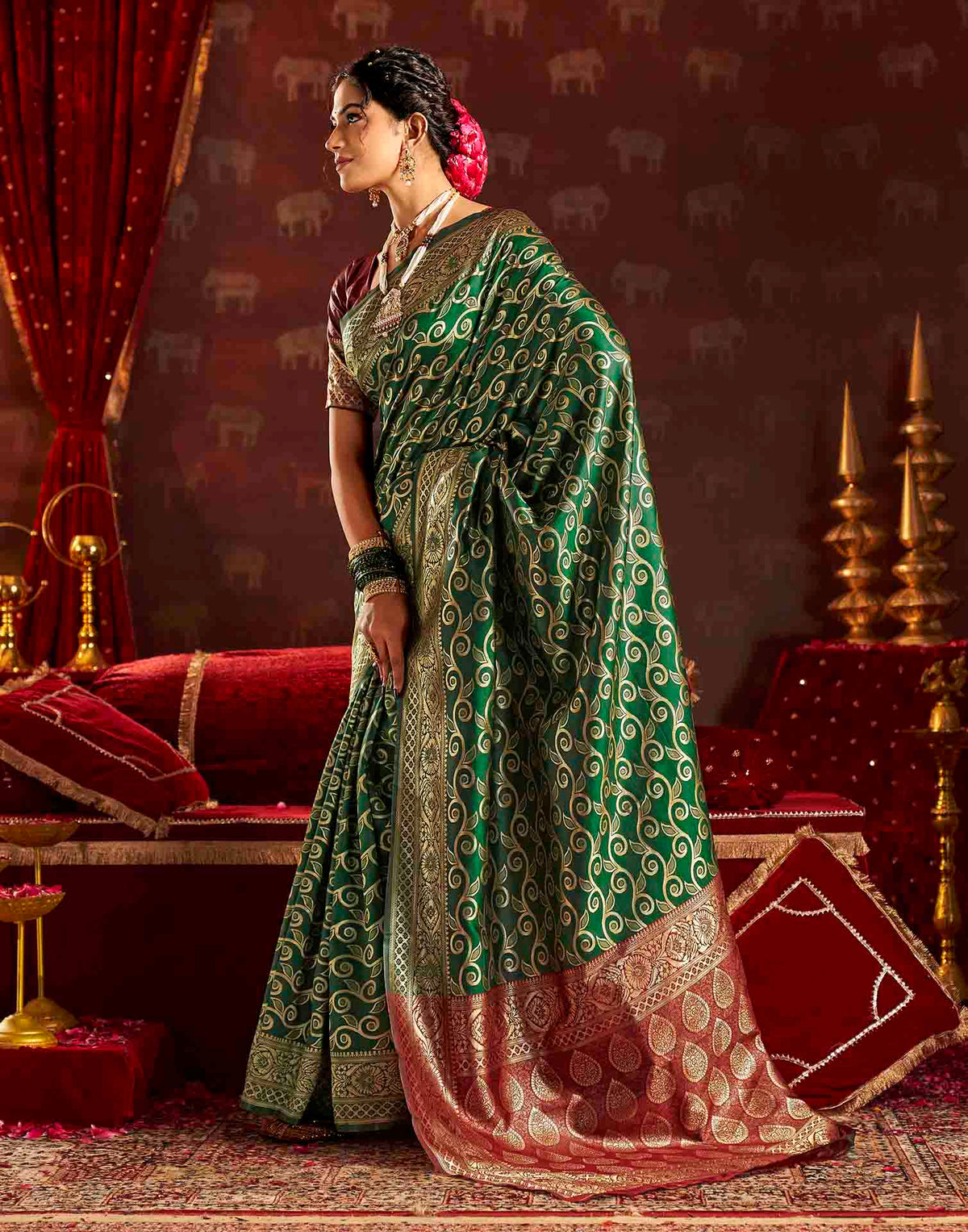 Dark Green Silk Woven Banarasi Saree