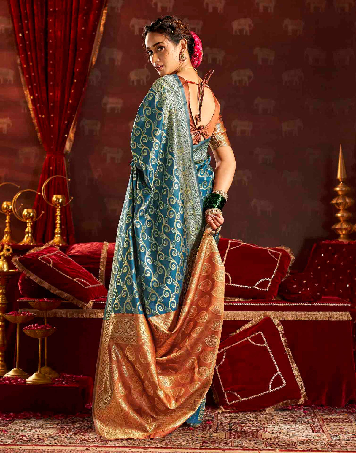 Teal Blue Silk Woven Banarasi Saree