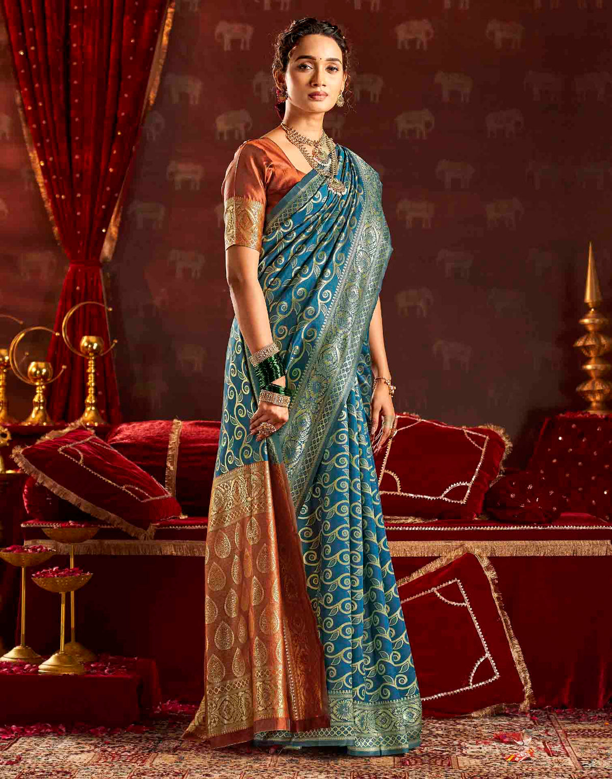 Teal Blue Silk Woven Banarasi Saree