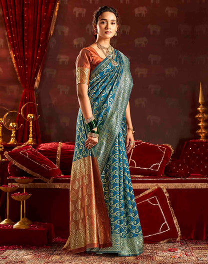 Teal Blue Silk Woven Banarasi Saree