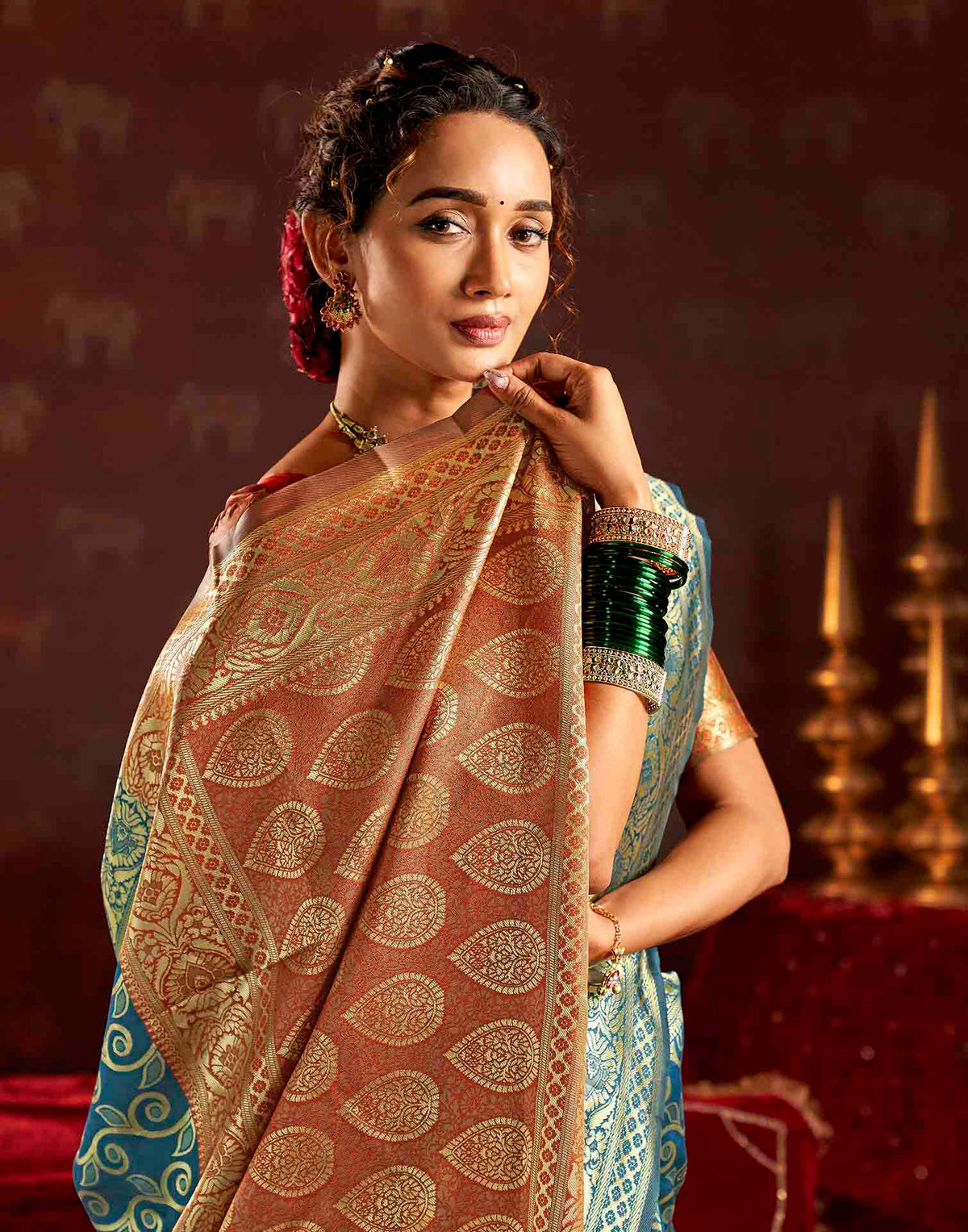 Teal Blue Silk Woven Banarasi Saree