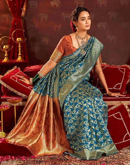 Teal Blue Silk Woven Banarasi Saree