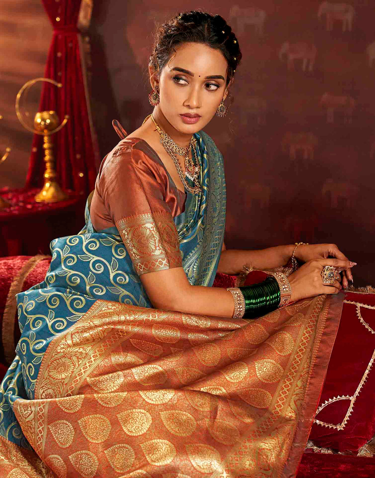 Teal Blue Silk Woven Banarasi Saree