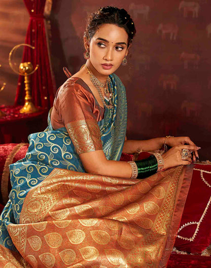 Teal Blue Silk Woven Banarasi Saree
