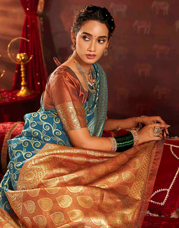 Teal Blue Silk Woven Banarasi Saree