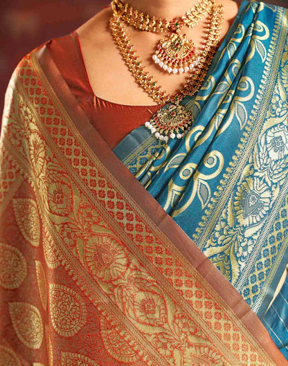 Teal Blue Silk Woven Banarasi Saree