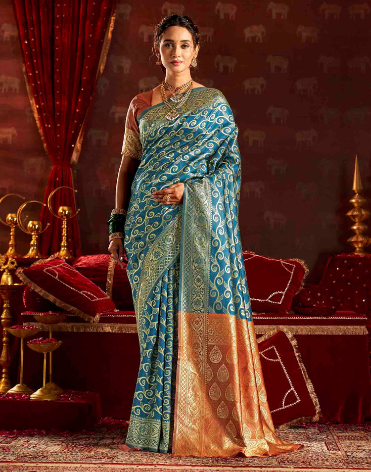 Teal Blue Silk Woven Banarasi Saree