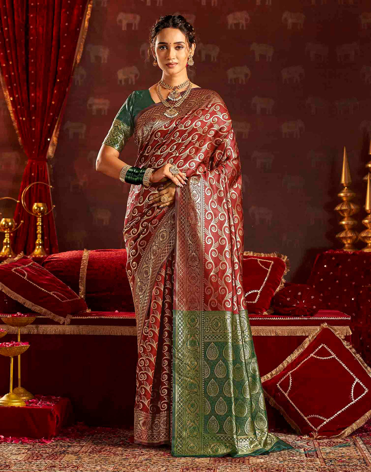 Maroon Silk Woven Banarasi Saree