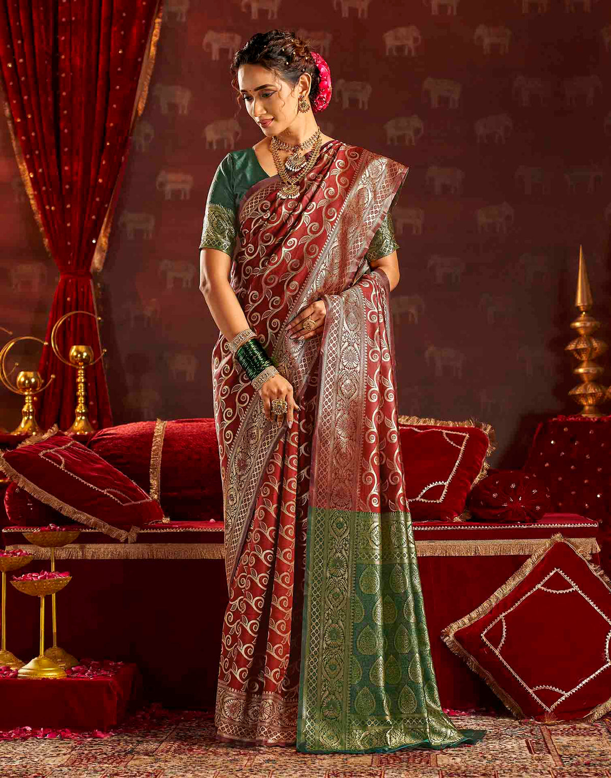 Maroon Silk Woven Banarasi Saree