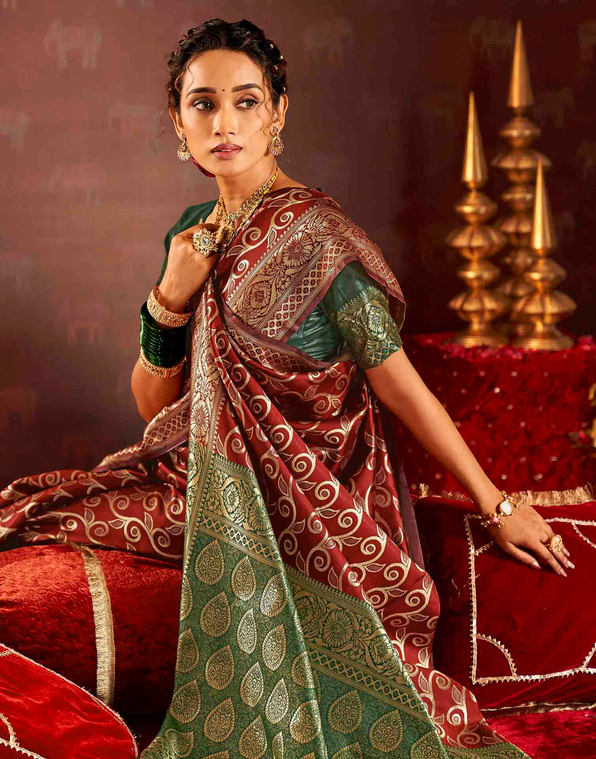 Maroon Silk Woven Banarasi Saree