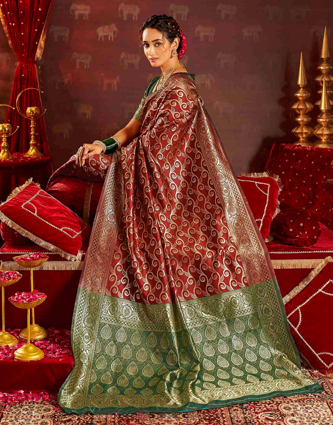 Maroon Silk Woven Banarasi Saree