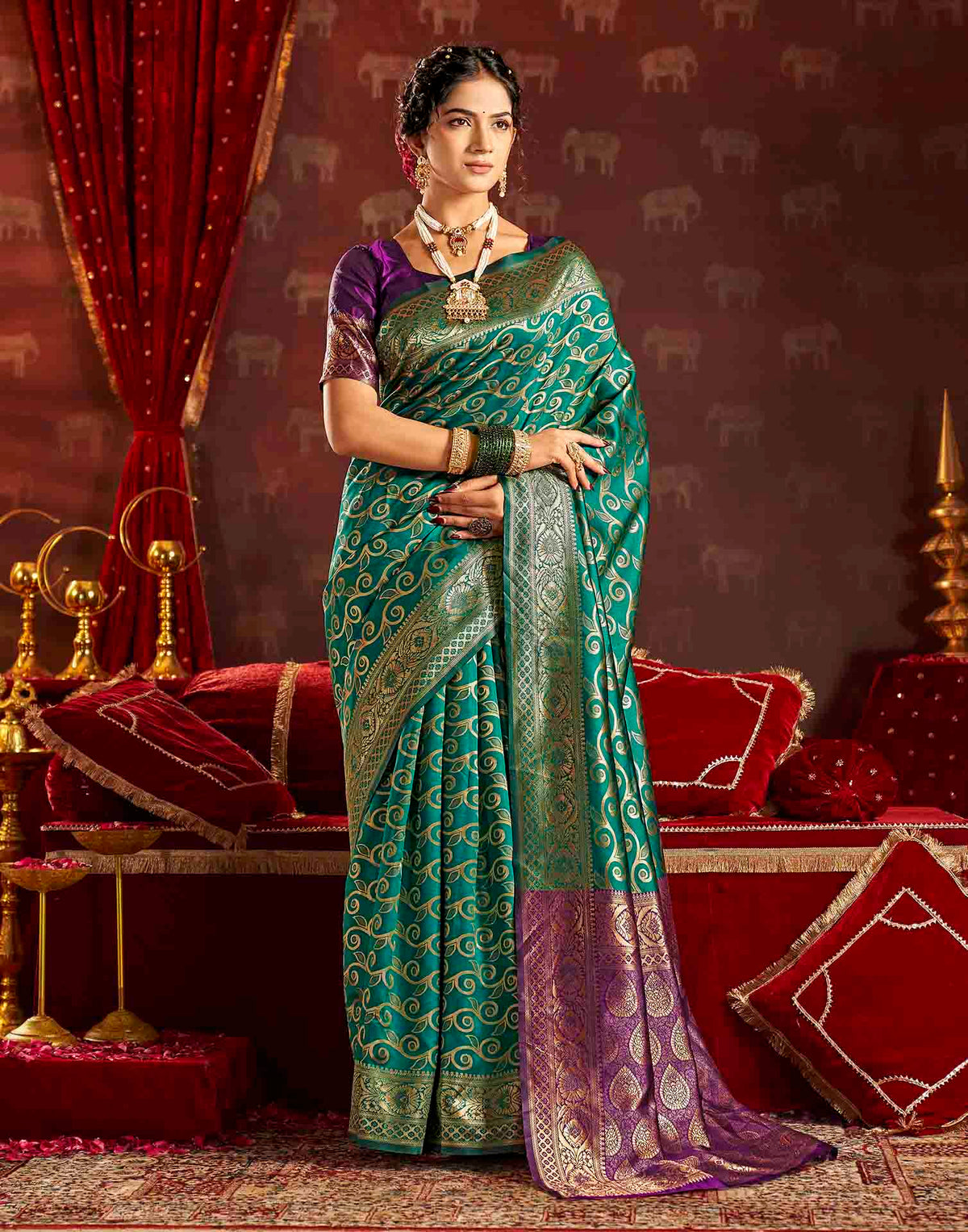 Turquoise Silk Woven Banarasi Saree