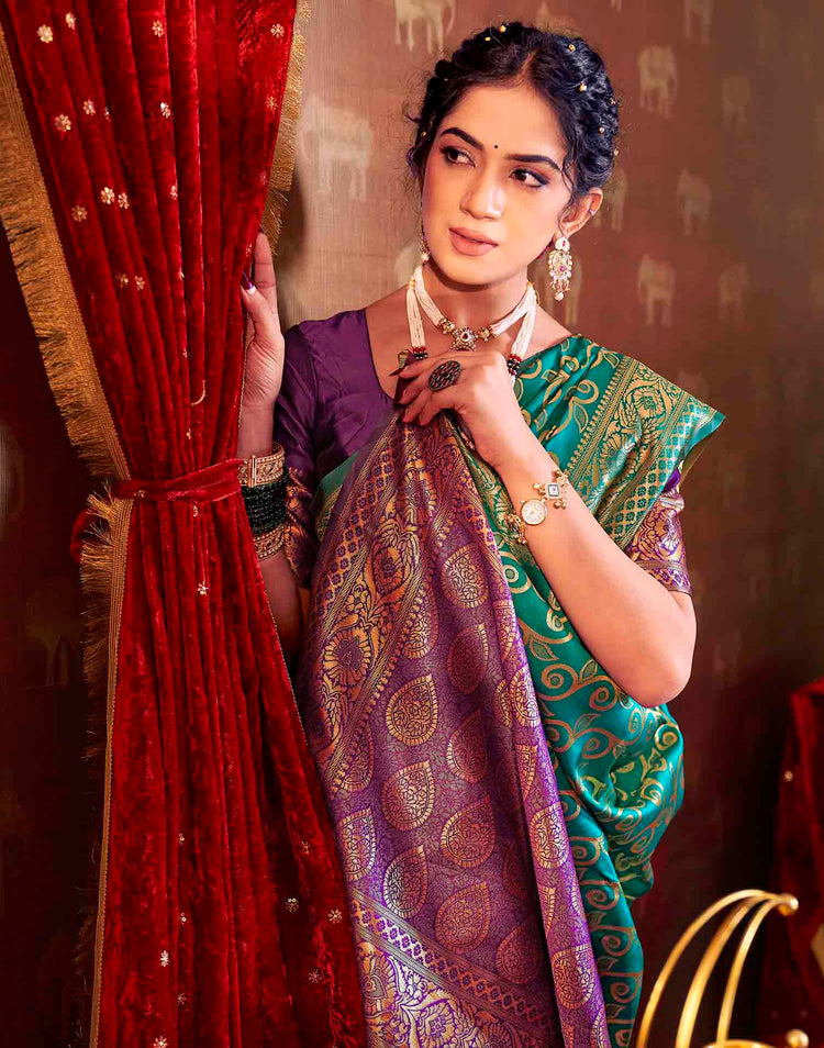 Turquoise Silk Woven Banarasi Saree