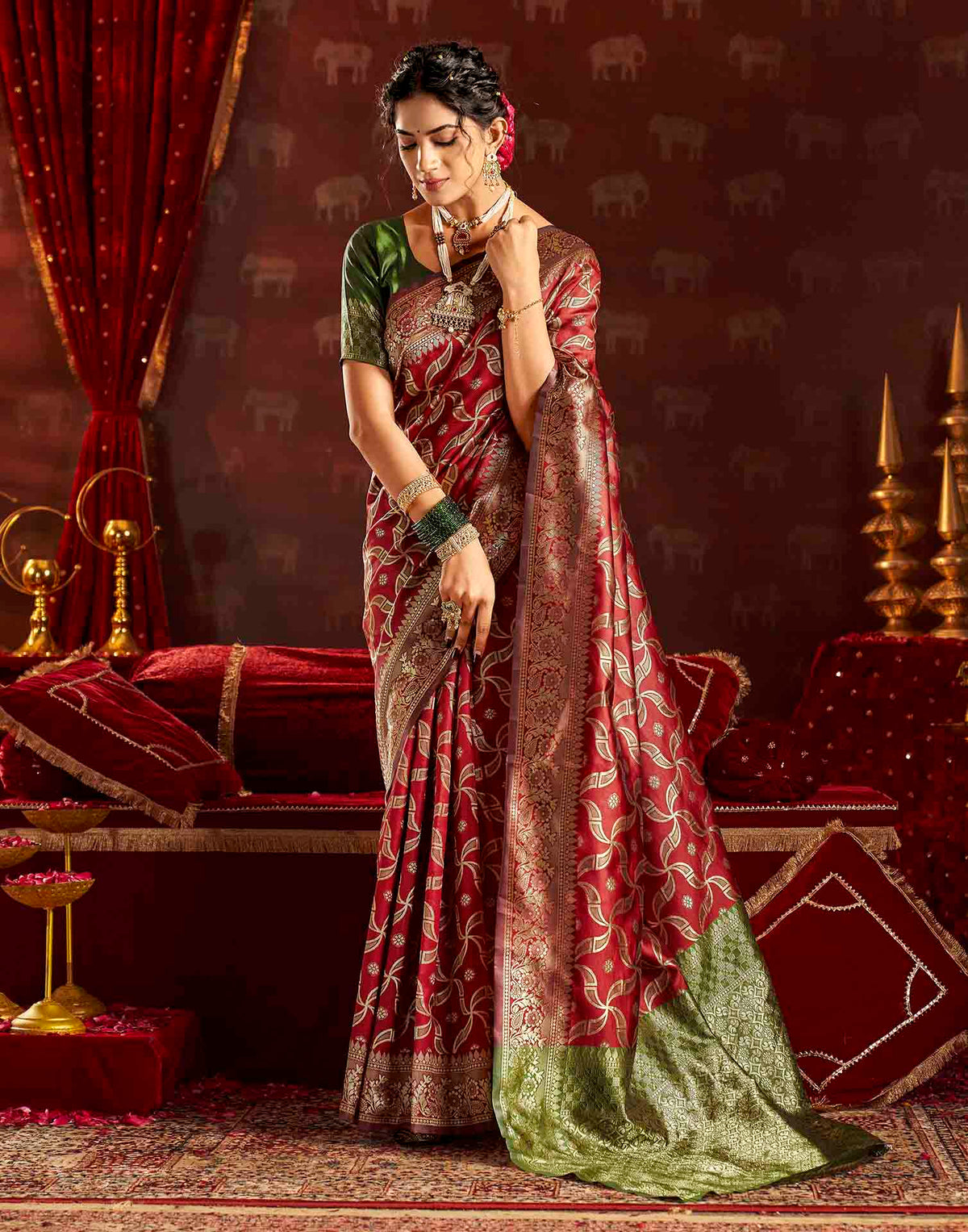 Maroon Silk Woven Banarasi Saree