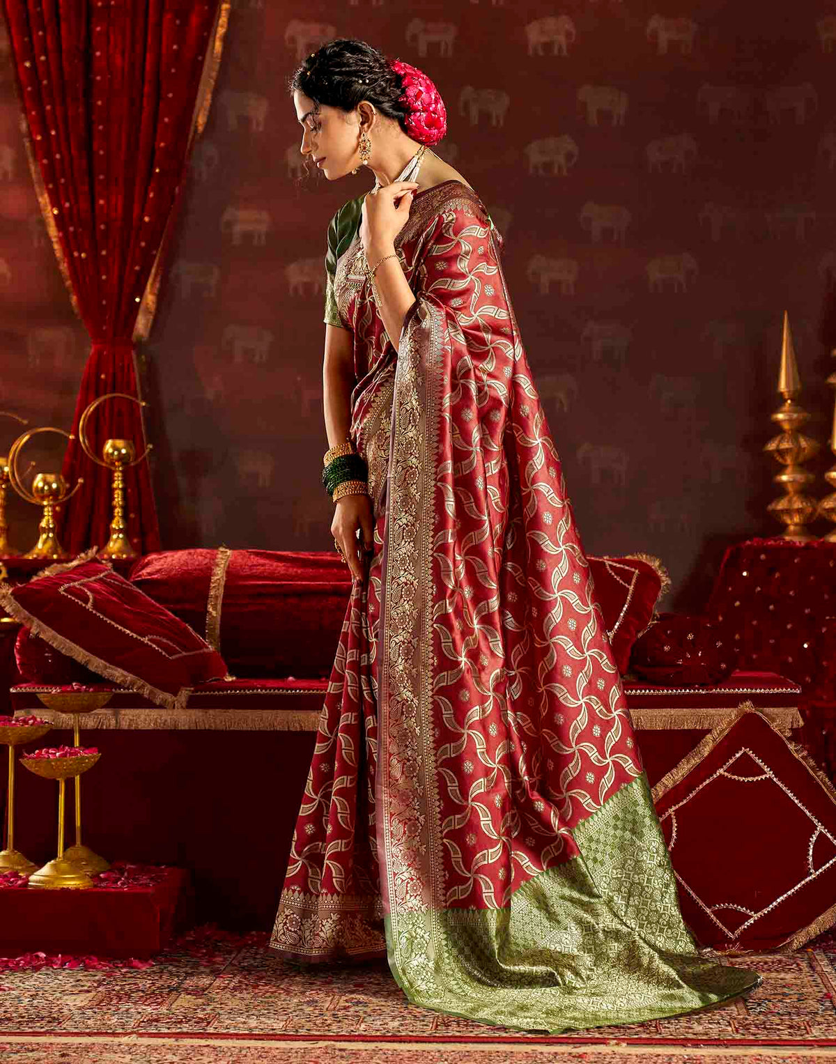 Maroon Silk Woven Banarasi Saree