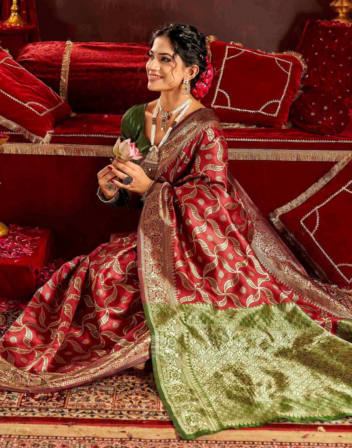 Maroon Silk Woven Banarasi Saree