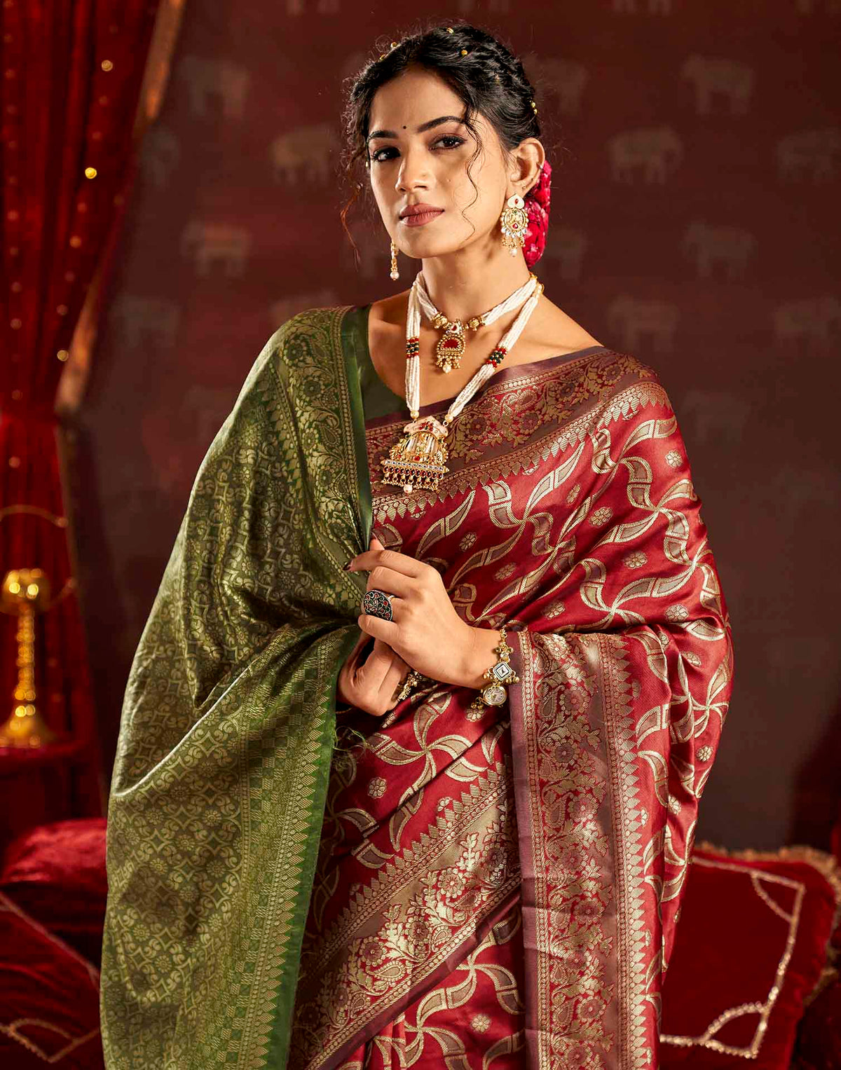 Maroon Silk Woven Banarasi Saree