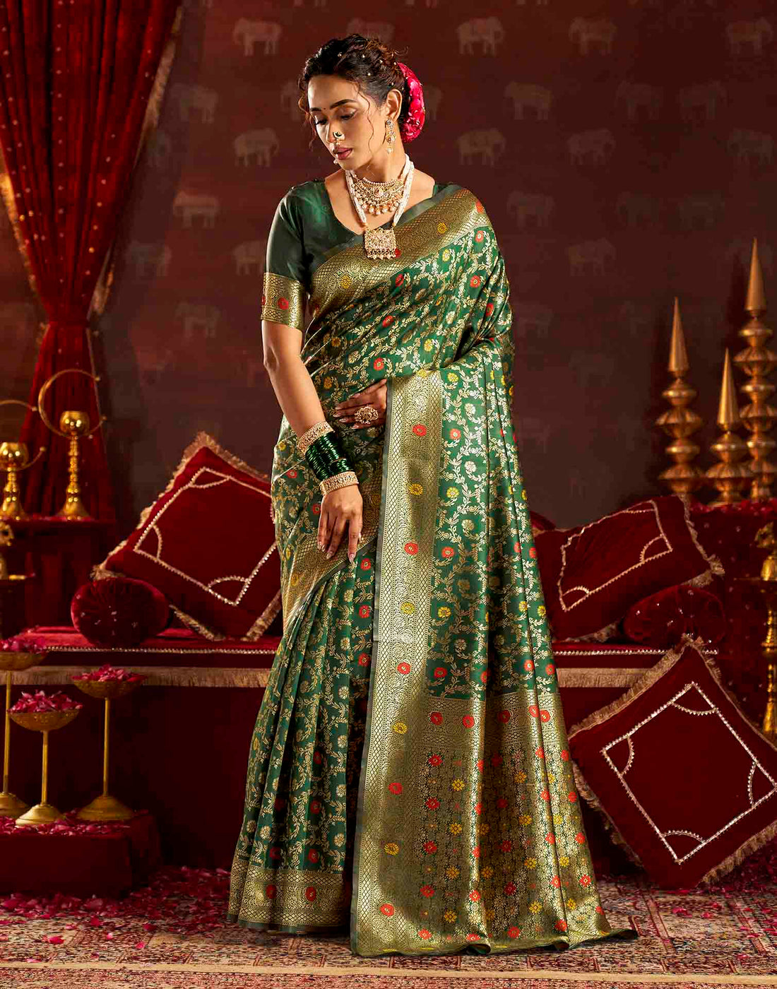Dark Green Silk Woven Banarasi Saree
