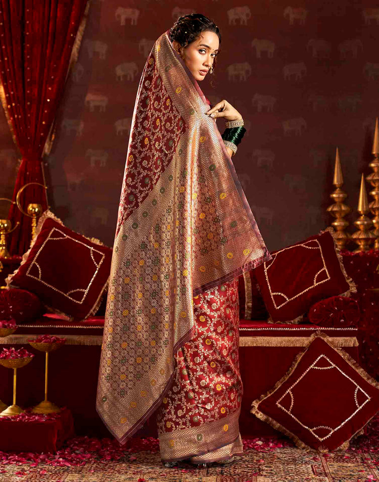 Maroon Silk Woven Banarasi Saree