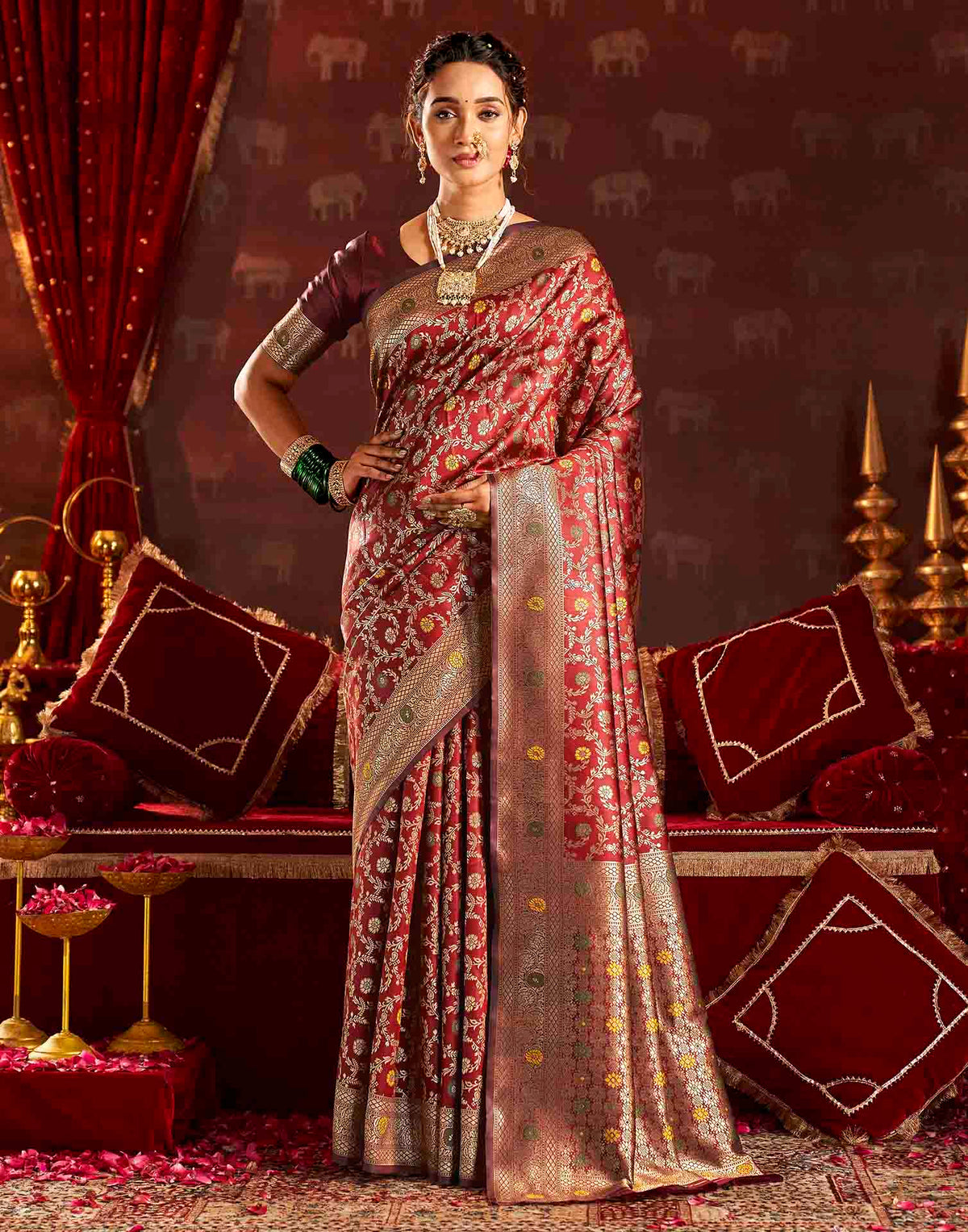 Maroon Silk Woven Banarasi Saree