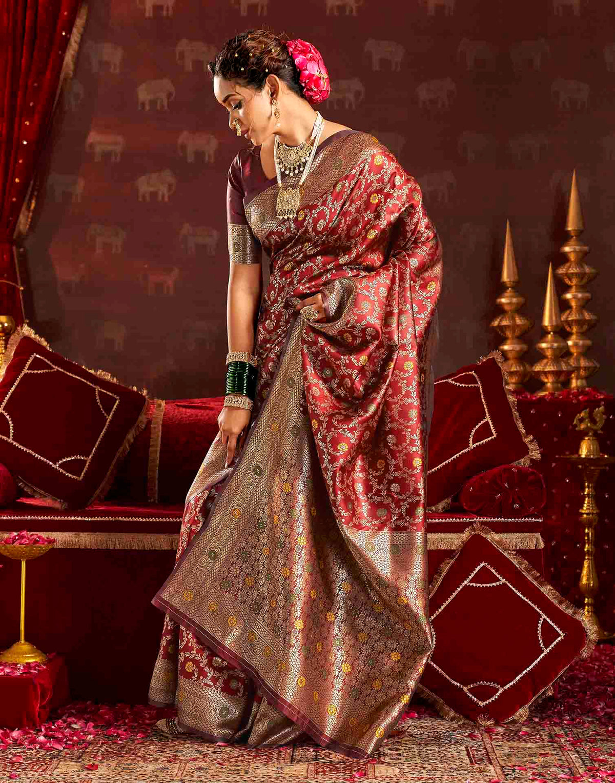 Maroon Silk Woven Banarasi Saree