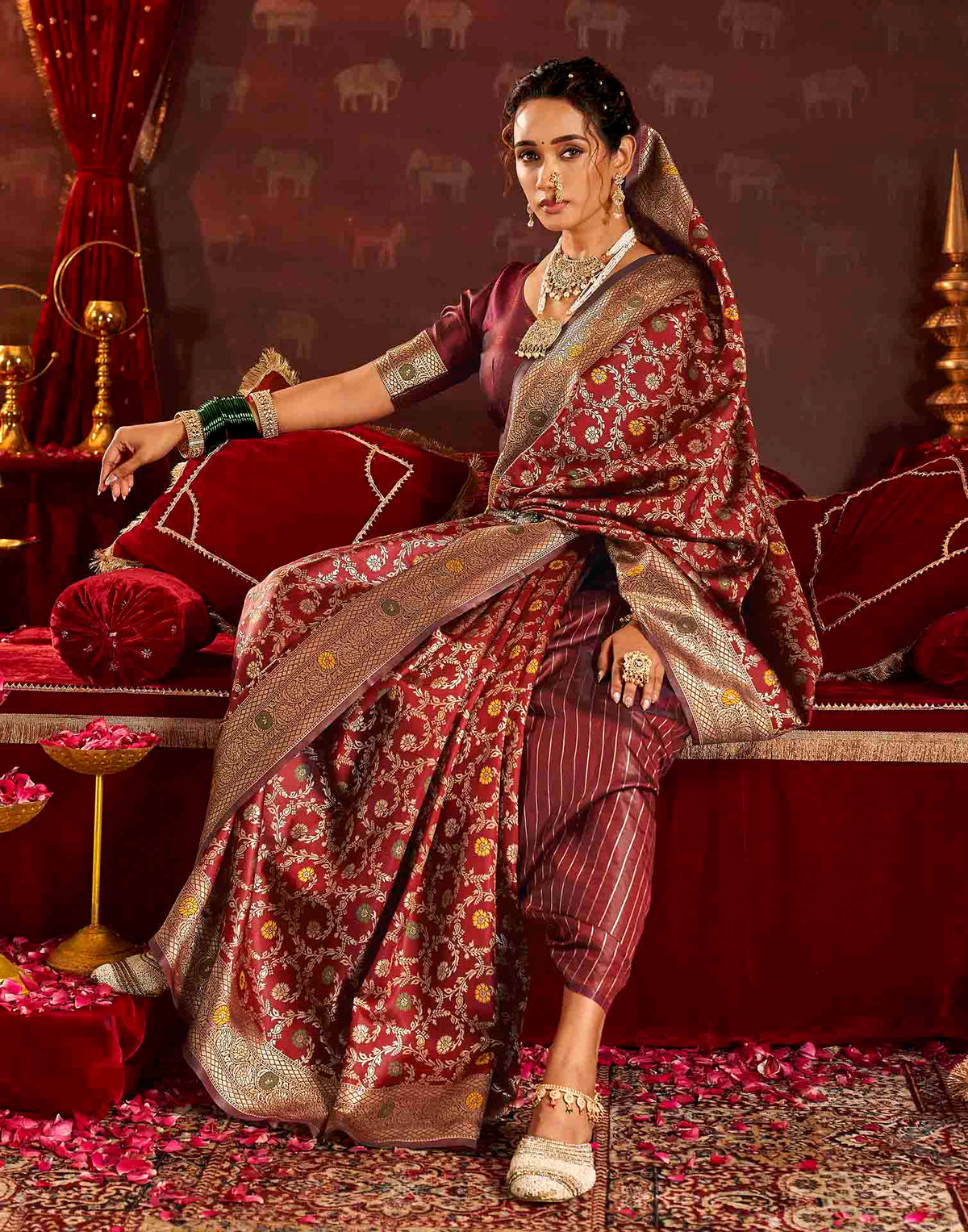 Maroon Silk Woven Banarasi Saree