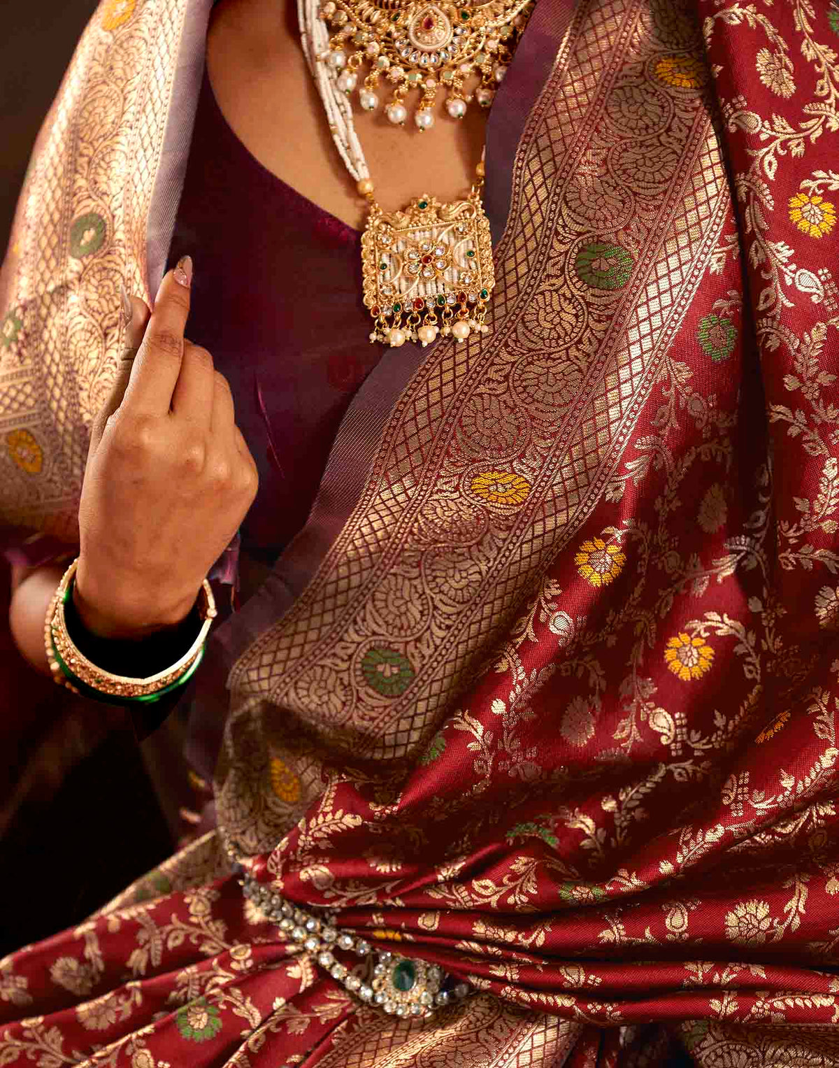 Maroon Silk Woven Banarasi Saree