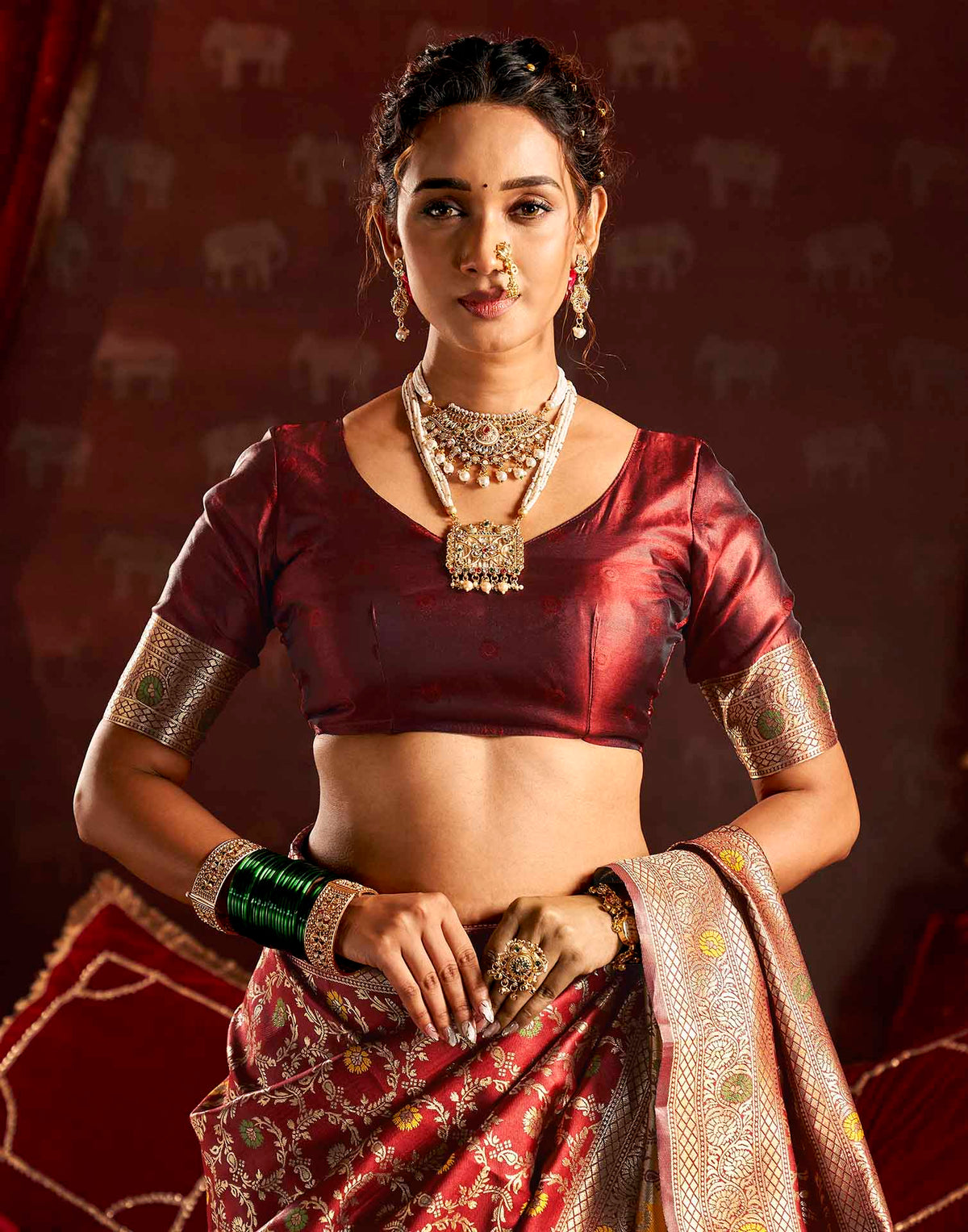 Maroon Silk Woven Banarasi Saree