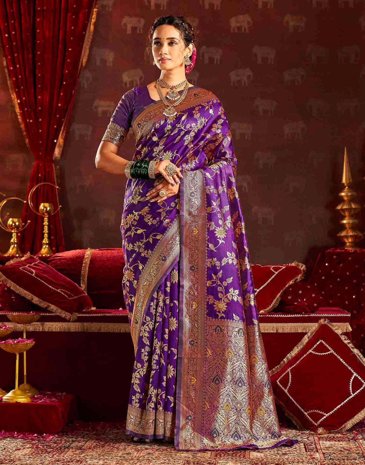 Wine Silk Woven Banarasi Saree