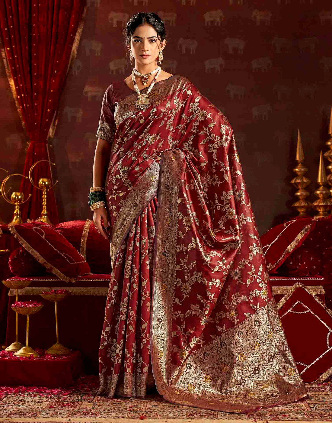 Maroon Silk Woven Banarasi Saree