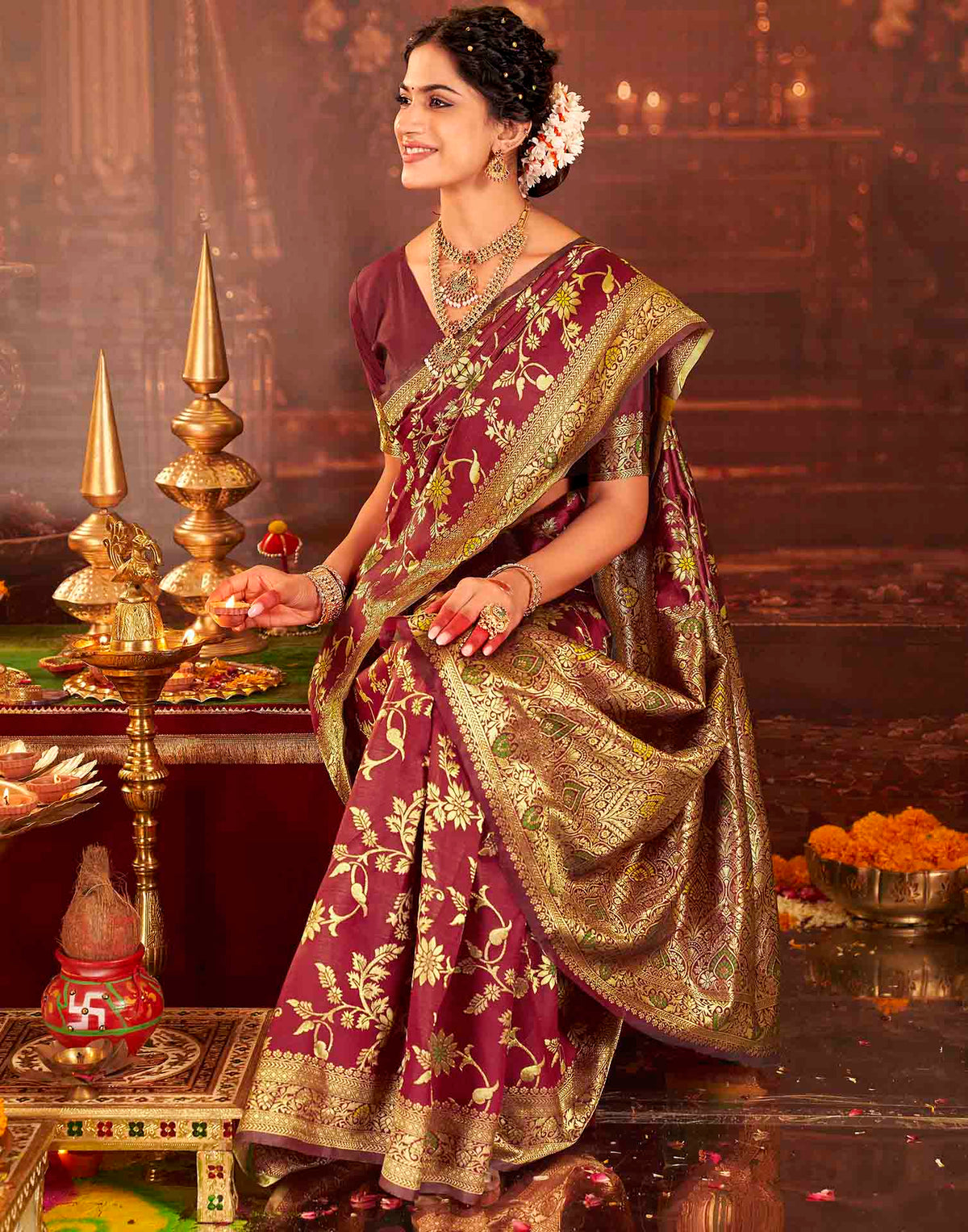Maroon Silk Woven Banarasi Saree