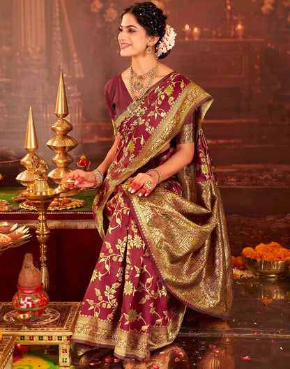 Maroon Silk Woven Banarasi Saree