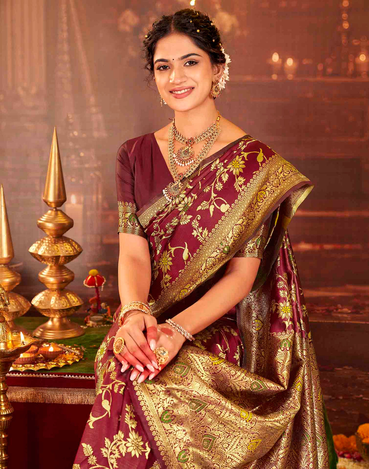 Maroon Silk Woven Banarasi Saree